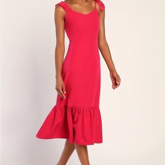 Lulu's | What a Gift Hot Pink Bow Strap Midi Dress Size Medium - Picture 2 of 6